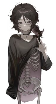 1girl absurdres ashley_graves black_choker black_hair bone choker closed_mouth clothes_lift collarbone commentary cowboy_shot english_commentary expressionless highres k_hottok lifting_own_clothes long_sleeves looking_at_viewer messy_hair pendant_choker red_eyes redrawn shirt shirt_lift simple_background skeleton solo standing the_coffin_of_andy_and_leyley white_background