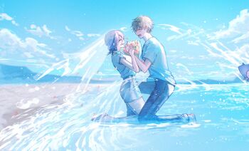 1girl 2boys barefoot beam_(chainsaw_man) black_pants black_shoes blonde_hair blush bouquet breasts chainsaw_man denji_(chainsaw_man) falling_petals flower hair_between_eyes hair_bun highres holding holding_bouquet kneeling looking_at_another medium_breasts medium_hair multiple_boys nishi241_i ocean out_of_frame outdoors pants petals pink_petals purple_hair reze_(chainsaw_man) shirt shoes short_hair short_sleeves smile splashing updo white_shirt