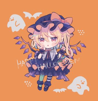 1girl :o asymmetrical_legwear back_bow bat_(animal) black_dress black_footwear black_hat blonde_hair blush bow bow_earrings candy chibi chibi_only clenched_hands collar collared_dress commentary crystal_wings dress earrings english_text flandre_scarlet food frilled_collar frilled_cuffs frills full_body ghost halloween halloween_bucket halloween_costume happy_halloween hat hat_bow hiyuu_(hiyualice) jewelry mismatched_legwear mob_cap one_side_up open_mouth orange_background orange_bow orange_ribbon pantyhose pointy_ears purple_wings red_eyes ribbon single_earring solo standing touhou two-sided_fabric two-sided_headwear wings wrist_cuffs