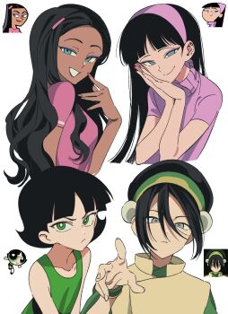 4girls avatar:_the_last_airbender avatar_legends black_hair blue_hair blunt_bangs buttercup_(ppg) cartoon_network chinese_clothes clenched_teeth closed_eyes closed_mouth crossover danny_phantom dark-skinned_female dark_skin eyeshadow friends green_eyes hair_ornament hair_up hairclip hands_on_own_cheeks hands_on_own_face head_tilt headband highres korean_commentary light_smile long_hair long_sleeves looking_at_viewer makeup multiple_crossover multiple_girls nickelodeon own_hands_together paulina_sanchez photo-referenced pink_shirt pout powerpuff_girls reaching reaching_towards_viewer shirt short_hair short_sleeves smile teeth the_fairly_oddparents toph_beifong trixie_tang upper_body wavy_hair white_background zdo_on