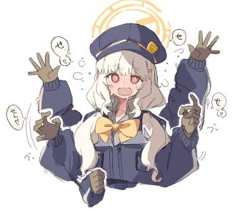 1girl @_@ afterimage aoba_(blue_archive) blonde_hair blue_archive blue_hat blue_jacket blush bow bowtie brown_gloves newsboy_cap clenched_hand collared_shirt commentary_request cropped_torso flailing flustered full-face_blush furrowed_brow gloves grey_shirt hair_over_shoulder halo hands_up hat jacket long_hair long_sleeves looking_at_viewer low_twintails open_hands open_mouth puffy_long_sleeves puffy_sleeves red_eyes shirt simple_background solo translation_request twintails upper_body white_background yellow_bow yellow_bowtie youbi_(0ver_sd)