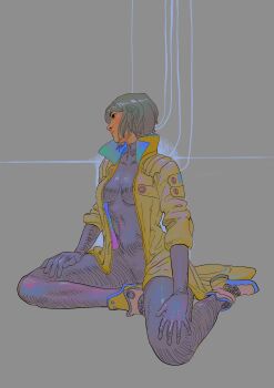 1girl absurdres amilcarpinna black_bodysuit black_hair bodysuit boots breasts cable commentary ghost_in_the_shell grey_background hands_on_own_legs highres jacket kusanagi_motoko looking_to_the_side open_clothes open_jacket short_hair sitting skin_tight solo yellow_jacket