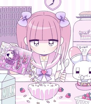 1girl animal bandaged_arm bandages blunt_bangs bow bowl cereal cereal_box choker clock closed_mouth drink_carton expressionless ezaki_bisuko food fruit hair_bow heart hexagram highres holding holding_spoon jewelry jitome menhera-chan_(ezaki_bisuko) menhera-chan_(ezaki_bisuko)_(character) milk milk_carton necklace pastel_colors pie pill pink_hair pink_sailor_collar purple_bow purple_choker purple_eyes rabbit refrigerator sailor_collar school_uniform serafuku short_sleeves sidelocks spoon star_of_david strawberry twintails usatan_(ezaki_bisuko) white_serafuku yami_kawaii