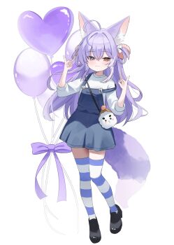 1girl :3 absurdres animal_ears balloon black_shoes blue_eyes brown_eyes double_fox_shadow_puppet fox_ears fox_girl fox_shadow_puppet fox_tail hair_ornament heart_balloon heterochromia highres inari_(tenko_shibuki) long_hair looking_at_viewer multicolored_hair nannung pom_pom_(clothes) pom_pom_hair_ornament purple_hair shirt shoes simple_background skirt smile stellive streaked_hair striped_clothes striped_thighhighs suspender_skirt suspenders suspenders_slip tail tenko_shibuki thighhighs three-quarter_sleeves two-tone_hair virtual_youtuber white_background white_hair white_shirt