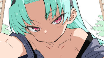 1girl aqua_hair blush collarbone expressionless flat_chest highres japanese_clothes kimono long_hair looking_at_viewer matuo3232 off_shoulder pink_eyes rance_(series) reaching reaching_towards_viewer sengoku_rance shinobu_(rance) solo tsurime upper_body