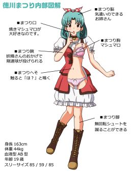 Rule 34 | 1girl, :o, boots, bow, bow bra, bow panties, bra, breasts, brown boots, choker, commentary request, crotch seam, dress, frilled bra, frilled dress, frilled panties, frills, full body, green hair, groin, hair ribbon, heart, heart choker, highres, idolmaster, idolmaster million live!, index finger raised, lace-up boots, lielos, looking at viewer, medium breasts, medium dress, medium hair, navel, open mouth, panties, partial commentary, pink bra, pink panties, pointing out the details, red dress, red eyes, red ribbon, ribbon, short sleeves, solo, standing, standing on one leg, three sizes, tokugawa matsuri, translated, two-tone dress, underwear, white dress, x-ray