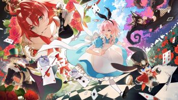 2boys 2girls :d ahoge alice's_adventures_in_wonderland alice_(alice_in_wonderland) alice_(alice_in_wonderland)_(cosplay) animal_ears apron arched_crown argenti_(honkai:_star_rail) ascot aventurine_(honkai:_star_rail) back_bow bare_shoulders black_boots black_bow black_coat black_gloves black_hairband black_hat black_pants black_shorts blonde_hair blue_dress blue_eyes boots bow bow_hairband bowtie brown_hair card card_soldier castle checkered_floor cheshire_cat_(alice_in_wonderland) cheshire_cat_(alice_in_wonderland)_(cosplay) chess_piece closed_mouth cloud coat collared_dress cosplay cowboy_shot creature crop_top crown curtained_hair day dress feet_out_of_frame fishnet_pantyhose fishnets floating_card flower fox_ears fox_girl fox_tail frilled_apron frilled_shirt_collar frills full_body fur-trimmed_coat fur_trim glint gloves gradient_eyes green_eyes green_hat green_shirt hair_between_eyes hairband hat heart hedge holding holding_chess_piece holding_polearm holding_weapon honkai:_star_rail honkai_(series) in_tree jacket knee_boots korean_commentary light_particles long_hair long_sleeves looking_at_viewer looking_back lop_rabbit_ears lying mad_hatter_(alice_in_wonderland) mad_hatter_(alice_in_wonderland)_(cosplay) march_7th_(honkai:_star_rail) masa_ashe medium_hair midriff mini_crown multicolored_eyes multiple_boys multiple_girls no_shoes on_stomach open_clothes open_coat open_mouth pants pantyhose parted_lips pendant_watch pink_eyes pink_hair playing_card polearm pom-pom_(honkai:_star_rail) ponytail portrait puffy_short_sleeves puffy_sleeves purple_eyes purple_shirt queen_of_hearts_(alice_in_wonderland) queen_of_hearts_(alice_in_wonderland)_(cosplay) rabbit_ears red_bow red_bowtie red_flower red_hair red_jacket red_rose rose running shirt short_hair short_ponytail short_shorts short_sleeves shorts sitting sitting_in_tree sleeveless sleeveless_shirt smile standing stole supportasse tail thorns tingyun_(honkai:_star_rail) top_hat tree two-tone_eyes v-shaped_eyebrows vest weapon white_apron white_ascot white_bow white_gloves white_pantyhose white_rabbit_(alice_in_wonderland) white_rabbit_(alice_in_wonderland)_(cosplay) white_vest wingtip_collar wubbaboo_(honkai:_star_rail)