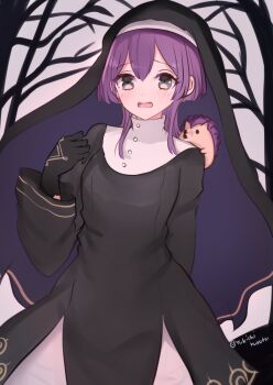 1girl alternate_costume bernadetta_von_varley bernadetta_von_varley_(timeskip) black_dress black_gloves breasts dress fire_emblem fire_emblem:_three_houses gloves grey_eyes halloween_costume highres long_hair looking_at_viewer nintendo nun purple_hair small_breasts solo stuffed_animal stuffed_hedgehog stuffed_toy veil yukichi_(yukichi_rururu)