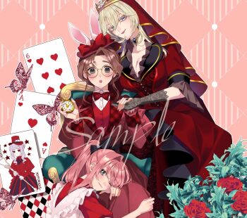 alexandra_cecily alice_(alice_in_wonderland) alice_(alice_in_wonderland)_(cosplay) alice&#039;s_adventures_in_wonderland black_gemstone blonde_hair blue_eyes blush bow brown_hair card cosplay diana_(akutsuka) dress floating_card flower gem genkai_ol-san_wa_akuyaku_reijou-sama_ni_tsukaetai green_eyes hair_ornament hair_ribbon hand_in_another&#039;s_hair jewelry lapis_tenebrae long_hair looking_at_viewer multiple_girls natori_midori pink_hair playing_card queen_of_hearts_(alice_in_wonderland) queen_of_hearts_(alice_in_wonderland)_(cosplay) ribbon sample_watermark shinonome_neko-tarou signature tiara watch watermark white_rabbit_(alice_in_wonderland) white_rabbit_(alice_in_wonderland)_(cosplay) yuri