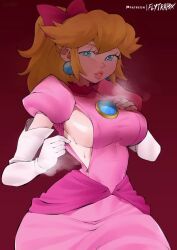 1girl animated blonde_hair blue_eyes breasts closed_mouth dress earrings female_focus flytrapxx gloves hair_ribbon jewelry mario_(series) medium_breasts steaming_body nintendo opaluva open_clothes ponytail princess_peach princess_peach:_showtime! ribbon sideboob smile sound steaming_body sweat tagme unzipped video zipper zipper_down