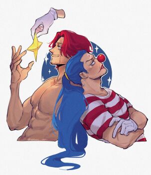 2boys abs back-to-back bara beard blue_hair buggy_the_clown closed_mouth connected_beard crossed_arms facial_hair gloves highres holding holding_star long_hair male_focus multiple_boys nipples one_piece pectorals ponytail scar scar_across_eye scar_on_face shanks_(one_piece) shirt short_sleeves simple_background star_(symbol) striped_clothes striped_shirt topless_male vamos_mk white_background white_gloves