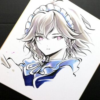1girl braid commentary_request grey_hair izayoi_sakuya looking_at_viewer maid_headdress medium_hair neck_ribbon portrait purple_eyes ribbon shikishi side_braids simple_background solo touhou traditional_media tsubameyado white_background