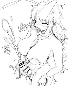 1girl absurdres bar_censor blush censored clothing_aside cum ejaculation futanari highres leotard leotard_aside long_hair masturbation monochrome norunollu open_mouth original playboy_bunny testicles tongue tongue_out yellow_eyes