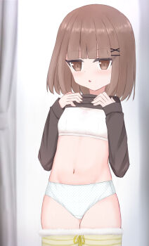 1girl black_shirt blush bra breasts brown_eyes brown_hair clothes_lift clothes_pull clothes_writing curtains fur-trimmed_pants fur_trim hair_ornament hairclip heart heart_print highres loli long_sleeves navel open_mouth original pajamas panties pants pants_pull polka_dot polka_dot_panties print_bra shirt shirt_lift shooko short_hair small_breasts solo standing striped_clothes striped_pants underwear white_bra white_panties x_hair_ornament yellow_pants