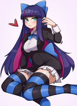 1girl aqua_eyes black_dress blue_bow blue_bowtie blue_hair blue_thighhighs blunt_bangs blush bow bowtie breasts closed_mouth colored_inner_hair commentary dress english_commentary frilled_skirt frills full_body hair_bow hand_up heart highres juliet_sleeves large_breasts long_hair long_sleeves looking_at_viewer multicolored_hair oninuer panty_&amp;_stocking_with_garterbelt pink_streaks puffy_sleeves short_dress simple_background sitting skirt solo stocking_(psg) streaked_hair striped_clothes striped_thighhighs thighhighs two-tone_thighhighs