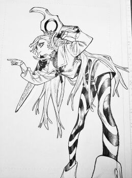 Rule 34 | 1girl, crosshatching, gachiakuta, hatching (texture), highres, holding, holding weapon, long hair, monochrome, official alternate costume, official alternate hairstyle, official art, riyo reaper, solo, traditional media, urana kei, weapon