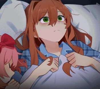 2girls animated blue_shirt bow broken_ceiling broken_wall brown_hair closed_mouth doki_doki_literature_club english_text green_eyes hair_bow indoors khyle. long_hair lying monika_(doki_doki_literature_club) multiple_girls on_back on_side pillow pink_hair plaid_clothes plaid_shirt red_bow sayori_(doki_doki_literature_club) shirt sleeping tagme video