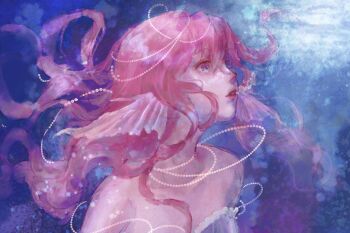 Rule 34 | 1girl, absurdres, air bubble, bare shoulders, bead choker, bead necklace, beads, blue bra, blue scales, bra, bubble, circlet, collarbone, dappled sunlight, expressionless, fins, floating hair, frilled bra, frills, hair beads, hair ornament, head fins, highres, jewelry, light particles, lipstick, long hair, makeup, mermaid, monster girl, necklace, nikki (nikki), nikki (series), parted lips, pink hair, red lips, sea0, shining nikki, solo, sound of tide's reverie (shining nikki), strapless, strapless bra, striped bra, striped clothes, sunlight, underwater, underwear, upper body, vertical-striped bra, vertical-striped clothes, very long hair, wavy hair