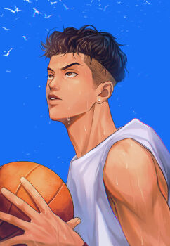 Rule 34 | 1boy, absurdres, ball, basketball (object), bin (binonep), blue background, brown eyes, brown hair, commentary request, earrings, flying sweatdrops, highres, holding, holding ball, jewelry, korean commentary, lips, looking up, male focus, miyagi ryouta, nose, parted lips, short hair, short sideburns, sideburns, simple background, slam dunk (series), solo, sweat, tank top, teeth, undercut, white tank top