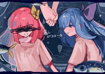 Rule 34 | 2girls, :d, animal, blue background, blue eyes, blue hair, blunt bangs, blunt sidelocks, bow, censored, censored identity, chromatic aberration, commentary request, cynicality (voiceroid), film grain, fish, flat chest, grin, hair bow, highres, holding hands, kotonoha akane, kotonoha aoi, letterboxed, looking at another, multiple girls, open mouth, pink hair, profile, purple bow, scribble censor, shirt, short sleeves, siblings, sidelocks, sideways mouth, simple background, sisters, smile, sparkle, tearing up, teeth, tokkooyaku, translation request, upper body, upper teeth only, voiceroid, white shirt, yellow bow