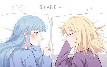 ... 2girls bang_dream! bang_dream!_it's_mygo!!!!! blonde_hair blue_hair blue_shirt blush closed_eyes closed_mouth commentary highres looking_at_another medium_hair misumi_uika multiple_girls navn4v parted_lips pillow purple_shirt shirt sleeping spoken_ellipsis togawa_sakiko yellow_eyes yuri zzz