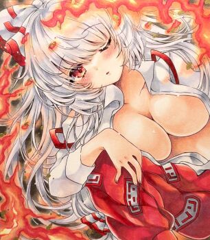 1girl blush bow breasts cleavage commentary_request embers fire fujiwara_no_mokou hair_bow highres large_breasts long_hair long_sleeves looking_at_viewer ofuda ofuda_on_clothes one_eye_closed open_mouth pants red_eyes red_pants shirt solo suspenders touhou traditional_media uto_amato very_long_hair white_hair white_shirt