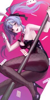 1girl absurdres aco_(aco_7313) animal_ears ass bare_shoulders black_leotard blue_eyes blue_hair blush breasts card clothing_cutout detached_collar fake_animal_ears fishnet_pantyhose fishnets hair_ornament hair_ribbon hairband hairclip hatsune_miku heart high_heels highres large_breasts leotard long_hair looking_at_viewer medium_breasts multicolored_hair necktie open_mouth pantyhose playboy_bunny playing_card pole pole_dancing rabbit_ears rabbit_hole_(vocaloid) rabbit_tail ribbon smile solo strapless strapless_leotard stripper_pole tail twintails vocaloid wrist_cuffs