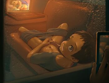 2boys blue_eyes brown_hair camera_phone caught cellphone clenched_teeth clothes_pull computer couch cum cum_on_body cum_on_upper_body ejaculation erection highres laptop looking_back lunaflame male_focus masturbation multiple_boys original penis phone pornography rain recording shirt shorts shorts_pull shota smartphone solo_focus spying sweat t-shirt teeth uncensored voyeur_pov voyeurism water window yaoi