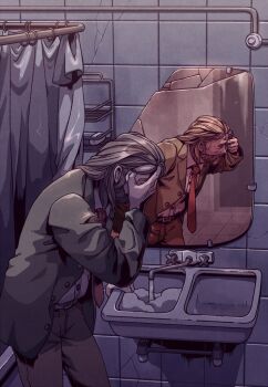 1boy bathroom blazer broken_mirror broken_tile brown_hair clenched_hand closed_eyes collared_shirt color_contrast commentary cool_colored curtains different_reflection disco_elysium english_commentary facial_hair faucet finger_gun finger_gun_to_head green_jacket hand_on_own_face harry_du_bois indoors jacket leaning_forward long_hair male_focus mirror mutton_chops necktie red_necktie reflection shirt sink sweatdrop tile_wall tiles warm_colored wenny02 white_shirt