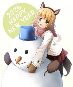 1girl 2026 animal_ears blonde_hair bucket commentary_request fake_animal_ears green_eyes happy_new_year highres looking_at_viewer new_year open_mouth original pantyhose red_skirt scarf shibacha skirt smile snowman solo