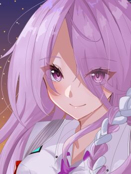 Rule 34 | 1girl, blush, braid, closed mouth, collared shirt, e69465, eyes visible through hair, hair over one eye, hair ribbon, heaven burns red, highres, kura satomi, long hair, looking at viewer, necktie, pink hair, purple eyes, purple hair, purple necktie, ribbon, shirt, side braid, single braid, smile, solo, white ribbon, white shirt