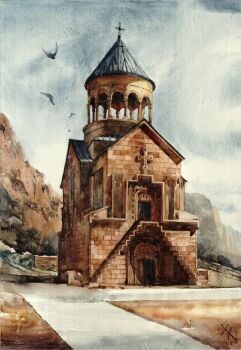 Rule 34 | arcade (architecture), arch, architecture, armenia, bad deviantart id, bad id, brick wall, building, conical roof, cross, day, door, grey sky, highres, limited palette, marek bilinski, monastery, mountain, original, outdoors, real world location, simple bird, sky, traditional media