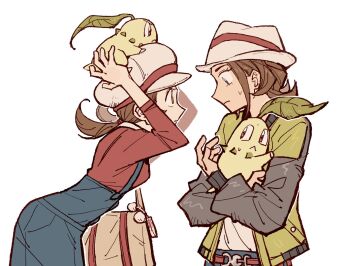 2girls 79x_(ox79xo) bag belt blue_overalls breasts brown_hair chikorita closed_mouth colored_skin from_side gen_2_pokemon green_jacket green_skin harmony_(pokemon) hat highres holding holding_pokemon in-franchise_crossover jacket leaf leaf_on_head leaning_forward long_sleeves looking_at_another low_twintails lyra_(pokemon) multiple_girls nintendo on_head open_clothes open_jacket overalls pokemon pokemon_(creature) pokemon_hgss pokemon_legends:_z-a pokemon_on_head profile red_eyes red_shirt shirt short_hair shoulder_bag sweatdrop twintails upper_body white_background white_hat white_shirt
