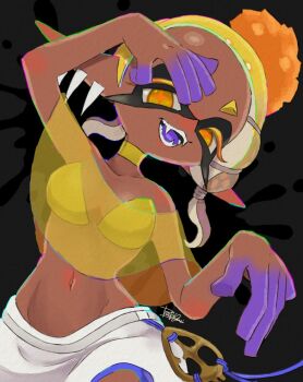 1girl :d arm_up artist_name asymmetrical_hair bare_shoulders black_background blonde_hair blue_tongue bra breasts choker collarbone colored_eyelashes colored_skin colored_tongue commentary_request crop_top cross-shaped_pupils dark-skinned_female dark_skin earrings fangs food food-themed_hair_ornament food_on_head forehead frye_(splatoon) gradient_hair groin hair_ornament harem_pants isamu-ki_(yuuki) jewelry looking_at_viewer medium_breasts medium_hair midriff multicolored_hair multicolored_skin multiple_earrings navel nintendo object_on_head open_mouth pants pointy_ears poncho purple_hair purple_skin purple_tongue see-through_clothes shawl shirt short_eyebrows shorts simple_background small_breasts smile solo splatoon_(series) splatoon_3 star-shaped_pupils star_(symbol) stomach strapless symbol-shaped_pupils teeth tempura tentacle_hair two-tone_hair two-tone_skin underwear white_pants yellow_choker yellow_eyes yellow_shirt