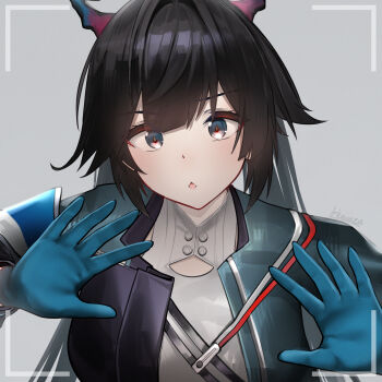 1girl arknights arknights:_endfield artist_name black_hair blue_eyes blue_gloves blue_jacket chen_qianyu_(arknights) commentary dragon_horns english_commentary gloves grey_background hair_intakes highres horns irkawaza jacket long_hair long_sleeves looking_at_viewer open_clothes open_jacket open_mouth shirt simple_background solo upper_body v-shaped_eyebrows white_shirt
