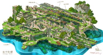 Rule 34 | 1girl, 2boys, abandoned, absurdres, acoustic guitar, arrow (symbol), building, bus, car, commentary request, dilapidated, escalator, flood, guitar, highres, holding, holding instrument, instrument, marriage proposal, motor vehicle, multiple boys, original, overgrown, post-apocalypse, ruins, rust, signature, tokyogenso, train, translation request, tree, water, white background, wreckage