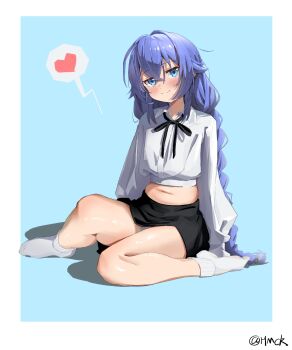 1girl ankle_socks aqua_background artist_name black_ribbon black_skirt blue_eyes blue_hair blush border braid chinese_commentary closed_mouth commentary_request crossed_bangs dot_nose double-parted_bangs full_body hair_between_eyes heart highres long_hair long_sleeves looking_at_viewer low_twin_braids midriff miniskirt mushoku_tensei navel neck_ribbon open_collar outside_border panties pantyshot plump ribbon roxy_migurdia sad_bread shirt signature sitting skirt smile socks solo speech_bubble split_mouth spoken_heart thighs twin_braids underwear unkempt very_long_hair wariza white_border white_panties white_shirt white_socks