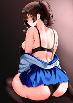 1girl back backboob bare_shoulders black_bra black_panties black_thighhighs blue_hakama bra breasts brown_eyes brown_hair commentary_request from_behind hakama hakama_short_skirt hakama_skirt highres japanese_clothes kaga_(kancolle) kantai_collection large_breasts looking_to_the_side panties shichimiya_karashi short_side_ponytail side_ponytail sitting skindentation skirt solo sweat thighhighs underwear wariza