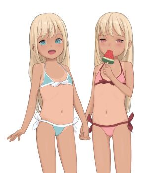 2girls bare_arms bare_shoulders bikini blonde_hair blue_bikini blue_eyes commentary cowboy_shot dark-skinned_female dark_skin eating english_commentary expressionless flat_chest food holding holding_food holding_hands holding_popsicle kuroshiro00 lisa_(kuroshiro00) loli long_hair looking_at_viewer luna_(kuroshiro00) multiple_girls navel one-piece_tan open_mouth original pink_bikini pink_eyes popsicle siblings side-by-side simple_background sisters sketch smile swimsuit tan tanline tareme twins watermelon_bar white_background