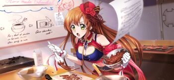 1girl artist_request bare_shoulders blue_necktie blue_shirt blurry blurry_foreground blush bowl bowler_hat breasts chocolate cleavage cleavage_cutout clothing_cutout code_geass code_geass:_lost_stories cooking crop_top cutting_board doodle_inset drink_carton english_text female_focus flower game_cg gloves green_eyes hands_up hat hat_flower highres holding holding_bowl holding_spatula idol_clothes indoors kitchen kitchen_knife knife leaning_forward light_blush light_particles light_rays long_hair medium_breasts midriff milk_carton milly_ashford mini_hat mixing_bowl navel necktie non-web_source official_art open_mouth orange_hair paper pleated_skirt red_flower red_hat red_rose red_skirt rose sheet_music shirley_fenette shirt short_necktie short_sleeves shrug_(clothing) sidelocks skirt sleeveless sleeveless_shirt solo spatula standing stove sweat tilted_headwear tray v-shaped_eyebrows very_long_hair whisk white_gloves whiteboard