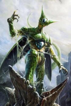 1boy artist_request bug cell_(dragon_ball) city cloud cloudy_sky cloudy_sky cocoon colored_skin dragon_ball dragonball_z epic evolution from_below green_skin looking_at_viewer male_focus monster outdoors realistic silk sky slime_(substance) slit_pupils solo spider_web spots tail wings