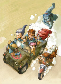 3girls 4boys angry animification beast_(x-men) black_hair blue_hair blue_skin blue_thighhighs brown_hair car chibi coat colored_skin cyclops_(x-men) everyone eyewear_on_head gambit glasses gloves goggles iwasaki_emiko jean_grey jubilee leotard long_hair marvel mask military_jeep motor_vehicle motorcycle multicolored_hair multiple_boys multiple_girls muscular pointing psylocke purple_hair red_hair rogue_(x-men) short_hair smoke sunglasses thighhighs trench_coat two-tone_hair vehicle_focus very_short_hair wavy_hair white_hair wolverine_(x-men) x-men