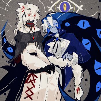 Rule 34 | 1boy, 1girl, aislan, cookie run, cookie run: kingdom, flower, heterochromia, highres, humanization, lily (flower), shadow milk cookie, sitting, sitting on lap, sitting on person, white lily cookie