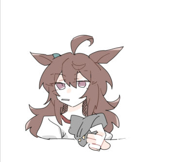 1girl ahoge animal_ears beanie beer_hsk brown_eyes brown_hair cropped_torso ears_down grey_hat gym_shirt hair_between_eyes hat holding holding_unworn_clothes holding_unworn_hat hood horse_ears long_hair mouth_hold nakayama_festa_(umamusume) puffy_short_sleeves puffy_sleeves shirt short_sleeves simple_background solo umamusume unworn_hat unworn_headwear upper_body white_background white_shirt