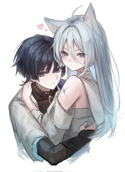 Rule 34 | 1boy, 1girl, ahoge, animal ear fluff, animal ears, armor, bare shoulders, black bodysuit, black hair, blue eyes, blue sleeves, blunt ends, blush, bodysuit, bridal gauntlets, cat ears, cat girl, choppy bangs, closed mouth, commission, commissioner insert, couple, cropped torso, detached collar, detached sleeves, empty eyes, eyelashes, genshin impact, grey bridal gauntlets, hair between eyes, hand on another's back, hand on another's shoulder, heart, hetero, highres, hug, japanese armor, kote, kurokote, layered sleeves, long hair, oc x canon, scar, scar on arm, scaramouche (genshin impact), second-party source, shirt, short sleeves, talking ok, tsurime, turtleneck, turtleneck bodysuit, wanderer (genshin impact), white background, white shirt, white sleeves