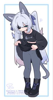 1boy :/ animal_ear_fluff animal_ears ankle_boots black_boots black_shirt black_skirt blue_bow blue_eyes blue_hair blush boots bow bulge cat_boy cat_tail clothes_lift collarbone colored_tips commentary cropped_shirt crossdressing crossdressing_(mtf) eyepatch fish_skeleton fish_skeleton_print flipped_hair full_body furrowed_brow grey_leggings grey_tail hair_between_eyes hair_bow hair_intakes hands_up highres leggings long_hair long_sleeves looking_at_viewer male_focus midriff multicolored_hair narrowed_eyes no_nose one_eye_covered op_na_yarou original pleated_skirt print_shirt puffy_sleeves quad_tails red_hair rigel_(op_na_yarou) shirt sidelocks simple_background skirt skirt_lift solo standing straight_hair tail trap very_long_hair watermark white_background white_hair