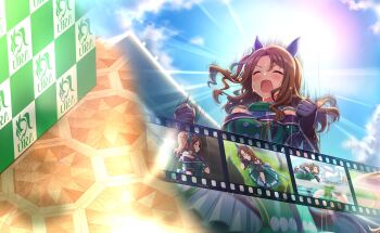 1girl animal_ears ass bad_link black_gloves blush brown_hair clenched_hands ear_covers gloves horse_ears horse_girl horse_tail king_halo_(king_of_emeralds)_(umamusume) king_halo_(umamusume) off_shoulder official_art open_mouth running solo sun sweat tail umamusume