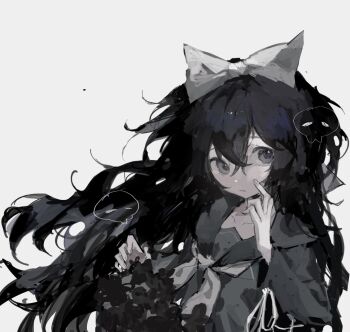 1girl black_hair bow chinese_commentary closed_mouth commentary_request finger_to_cheek grey_background grey_bow grey_eyes grey_neckerchief grey_shirt hair_between_eyes hair_bow highres long_hair long_sleeves neckerchief original sailor_collar sailor_shirt shirt simple_background solo upper_body vihua6