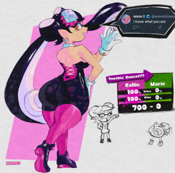 2girls ass bare_shoulders breasts callie_(splatoon) callie_(squid_sisters_outfit)_(splatoon) chibi earrings gloves highres huge_ass jewelry jumpsuit large_breasts looking_back marie_(splatoon) marie_(squid_sisters_outfit)_(splatoon) monochrome multiple_girls nintendo pointy_ears saguinee shoes sleeveless splatoon_(series) tentacle_hair twintails