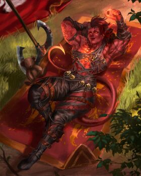 Rule 34 | abs, absurdres, axe, baldur's gate, baldur's gate 3, caio santos, demon girl, demon horns, demon tail, gloves, highres, holding, horns, karlach, looking at viewer, lying, monochrome, muscular, muscular female, pointy ears, scar, smile, stuffed animal, stuffed toy, tail, teddy bear, tiefling